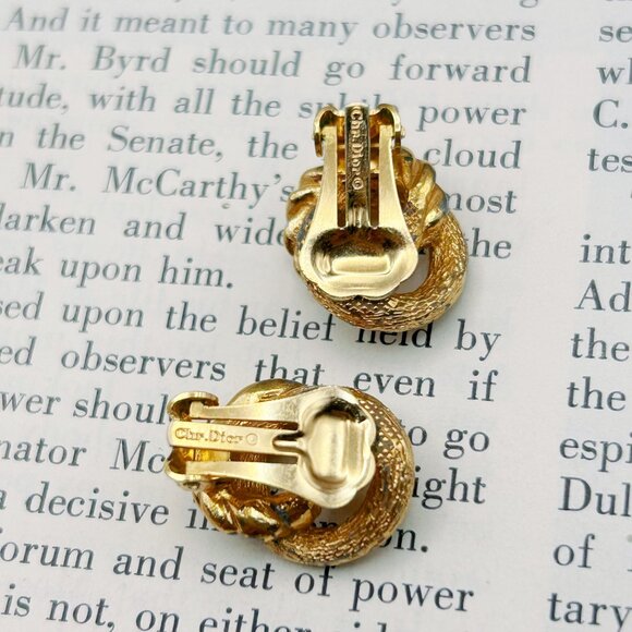 Christian Dior Vintage Clip-On Earrings, 80s–90s Gold Tone Designer Signed - Picture 6 of 10